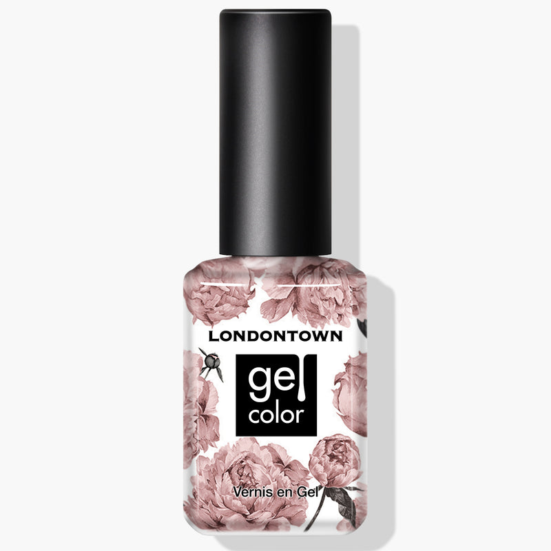 A bottle of LONDONTOWN UV/LED Gel Color nail polish in the shade "Mauve Over" with a floral design on the label, promising streak-free color.