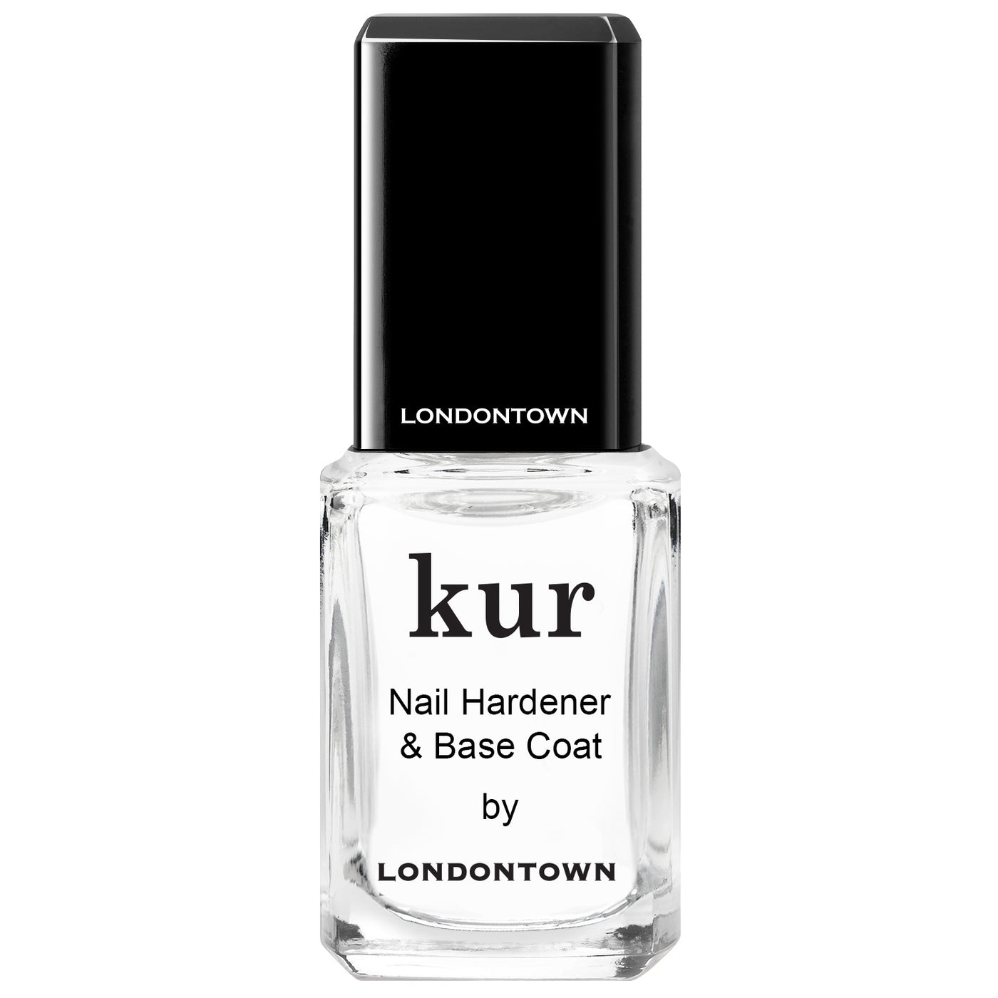 A clear bottle of LONDONTOWN Mini Nail Hardener & Base Coat with a black cap and white label, shown from the front.