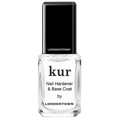 A clear bottle of LONDONTOWN Mini Nail Hardener & Base Coat with a black cap and white label, shown from the front.