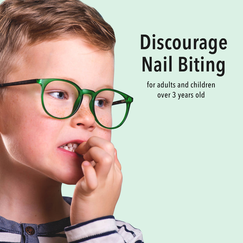 A young boy wearing glasses bites his nails. The text reads: "LONDONTOWN's No Bite Nail Recovery discourages nail biting for adults and children over 3 years old, promoting better habits for healthy-looking nails.
