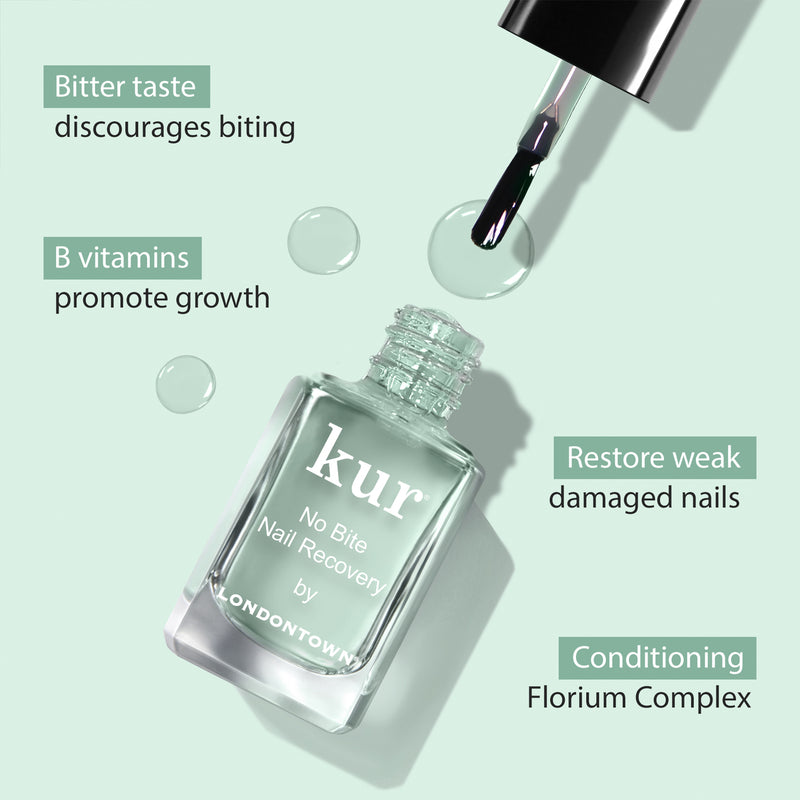 A bottle of No Bite Nail Recovery by LONDONTOWN with drops around it. Text highlights benefits: "Bitter taste discourages biting, B vitamins promote growth, Restore weak damaged nails, Conditioning Florium Complex for healthy-looking nails and better habits.