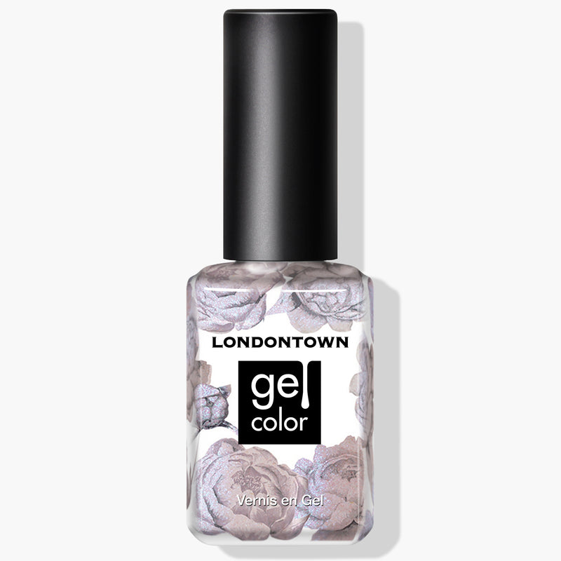 A bottle of LONDONTOWN Gel Color nail polish in the shade "Opal," a shimmering lilac, featuring a floral design on the packaging and a black cap.