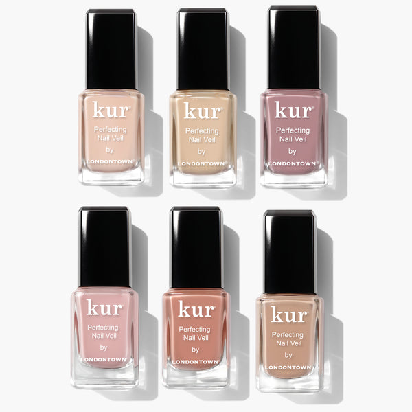 Six bottles of the LONDONTOWN Perfecting Nail Veil Collection, each in a different shade, are arranged in two rows of three against a white background, providing the ultimate care for your nails.