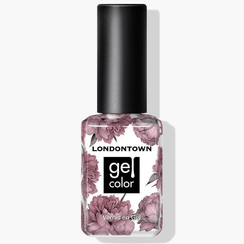 Bottle of Plush Gel Color nail polish by LONDONTOWN with a floral design on the label, featuring a vegan cruelty-free mauve crème shade.