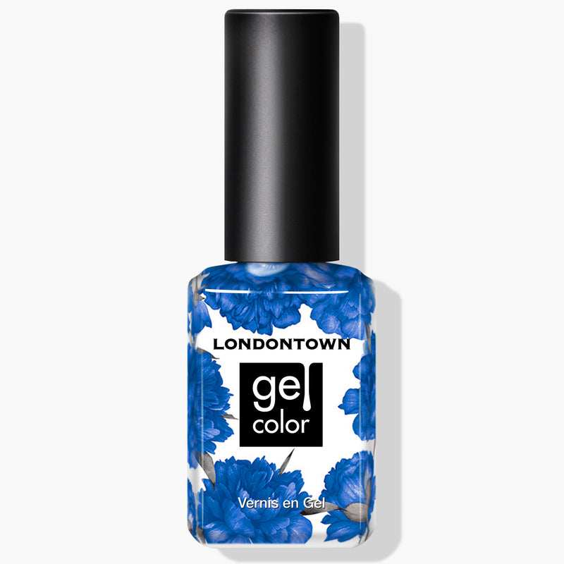 A bottle of LONDONTOWN Gel Color nail polish, named Poolside Dreams, featuring a black cap and a blue floral design on the label. Text reads "LONDONTOWN gel color Vernis en Gel" — perfect for extended wear and can be cured under UV/LED light.