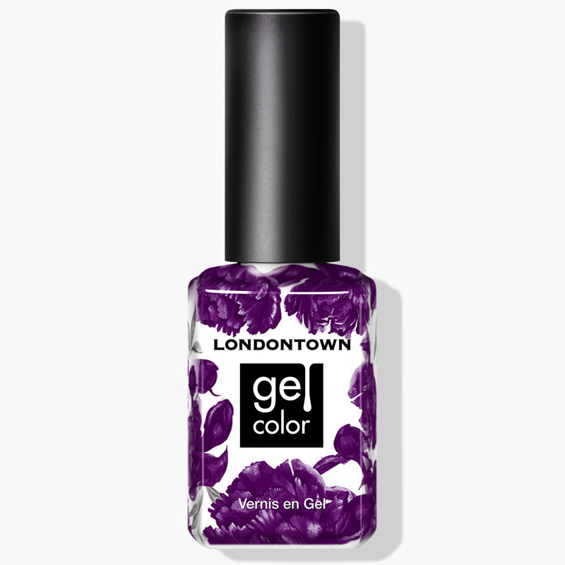 Bottle of LONDONTOWN Portobello Plum gel nail color with a dark purple floral design, perfect for showcasing the deep warm plum crème shade reminiscent of Portobello Market.