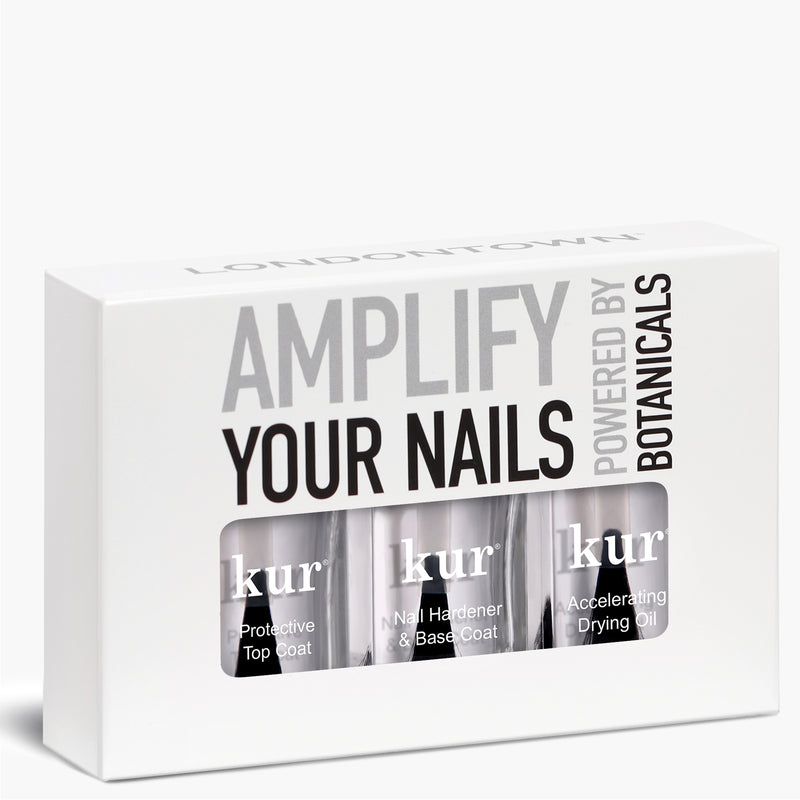 The Protect & Go Trio by LONDONTOWN is a boxed set containing three nail care products: Protective Top Coat, Nail Hardener & Base Coat, and Accelerating Drying Oil for a quick-dry manicure. The packaging features the phrases "Amplify Your Nails" and "Powered by Botanicals.
