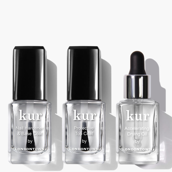 Achieve the perfect manicure with the Protect & Go Trio from LONDONTOWN, featuring Nail Hardener & Base Coat, Protective Top Coat, and Accelerating Drying Oil for a quick-dry finish.