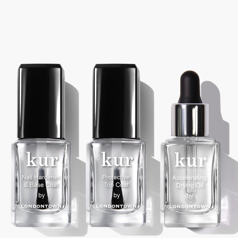Achieve the perfect manicure with the Protect & Go Trio from LONDONTOWN, featuring Nail Hardener & Base Coat, Protective Top Coat, and Accelerating Drying Oil for a quick-dry finish.