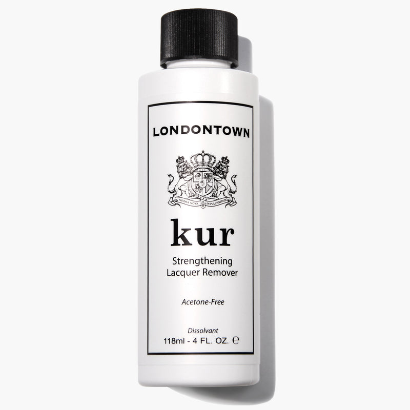 A 118ml bottle of LONDONTOWN Strengthening Lacquer Remover, featuring a black cap and detailed logo, ideal for vegan and cruelty-free nail care.