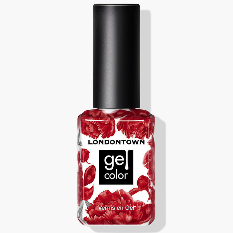 A bottle of LONDONTOWN's "Ring Me" gel color nail polish with a black cap and floral design on the bottle, perfect for application under UV/LED light.