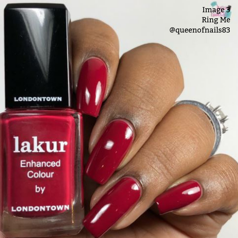 A hand with red crème nail polish holds a bottle of PETA certified LONDONTOWN Lakur Enhanced Colour nail polish. Text reads "Image 3 Ring Me @queenofnails83.