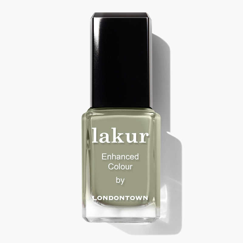 A bottle of LONDONTOWN's Sedona lakur Enhanced Colour nail polish in succulent jade green with a black cap, featuring its vegan cruelty-free formula.