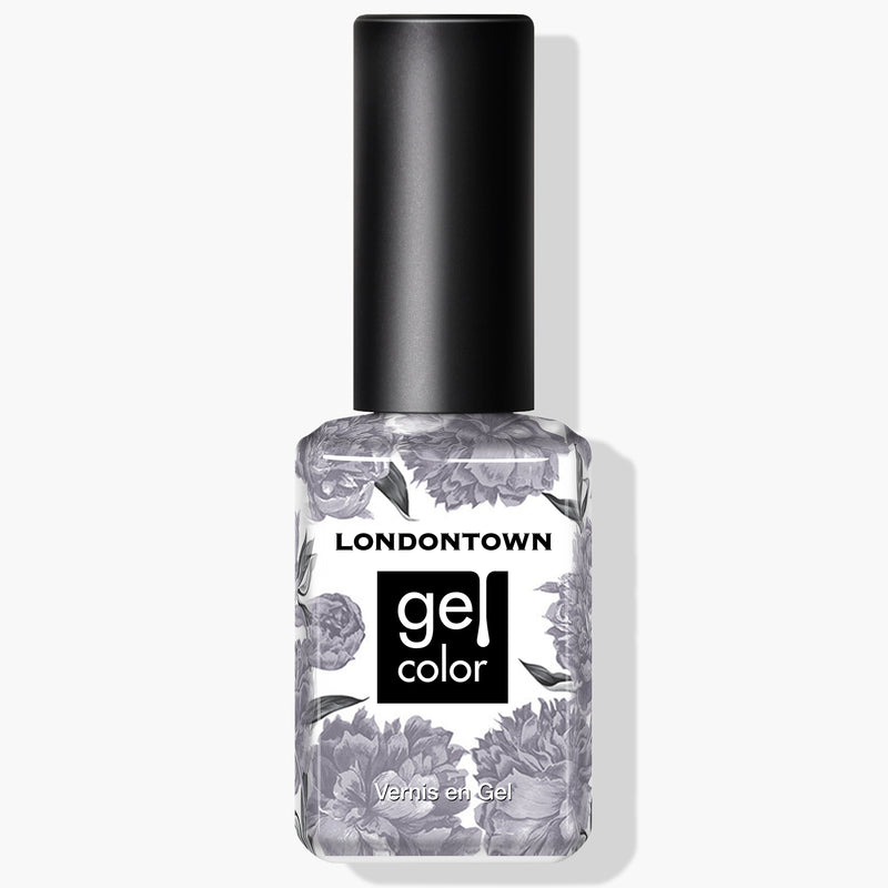 Image of a LONDONTOWN Silver Birch Gel Color nail polish bottle with a black cap and floral design on the label. The text "LONDONTOWN Gel Color" is written in black and white, showcasing its sophisticated creme slate grey shade, perfect for UV/LED light curing.