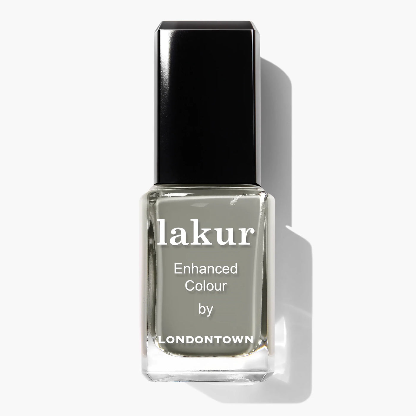 A bottle of LONDONTOWN Star Moss (Professional) nail polish in a chic olive shade with a black cap, proudly cruelty-free and vegan.