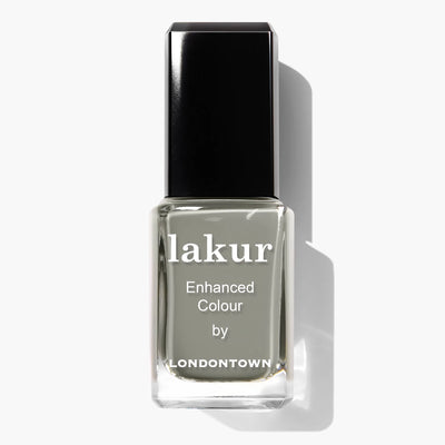 A bottle of LONDONTOWN Star Moss (Professional) nail polish in a chic olive shade with a black cap, proudly cruelty-free and vegan.