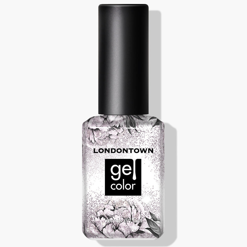 A bottle of LONDONTOWN's Starstruck gel color nail polish, featuring a black cap and floral design on a white background, perfect for use with UV/LED light.