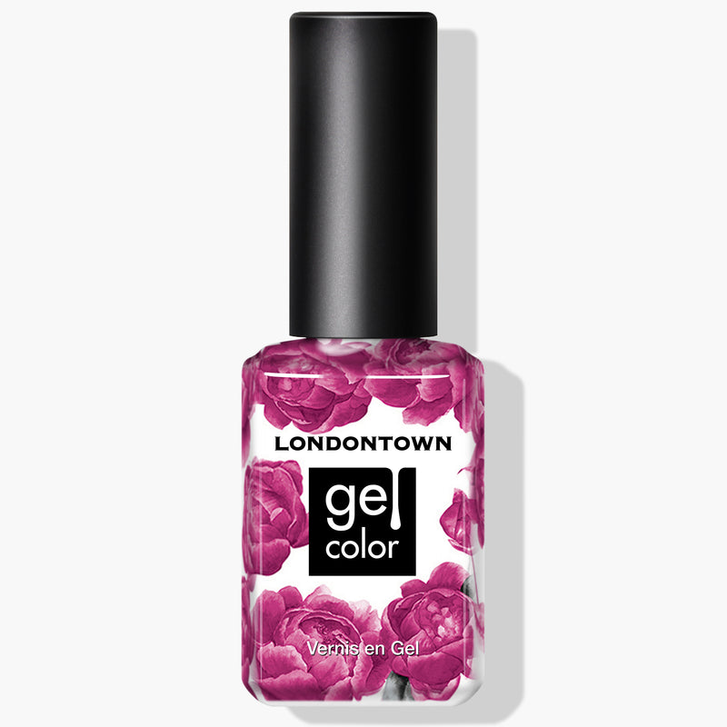A bottle of LONDONTOWN gel color nail polish named Summer Fling, featuring a black cap and a floral design with pink roses on the label, is now available in a shocking pink shade that brilliantly cures under UV/LED light.
