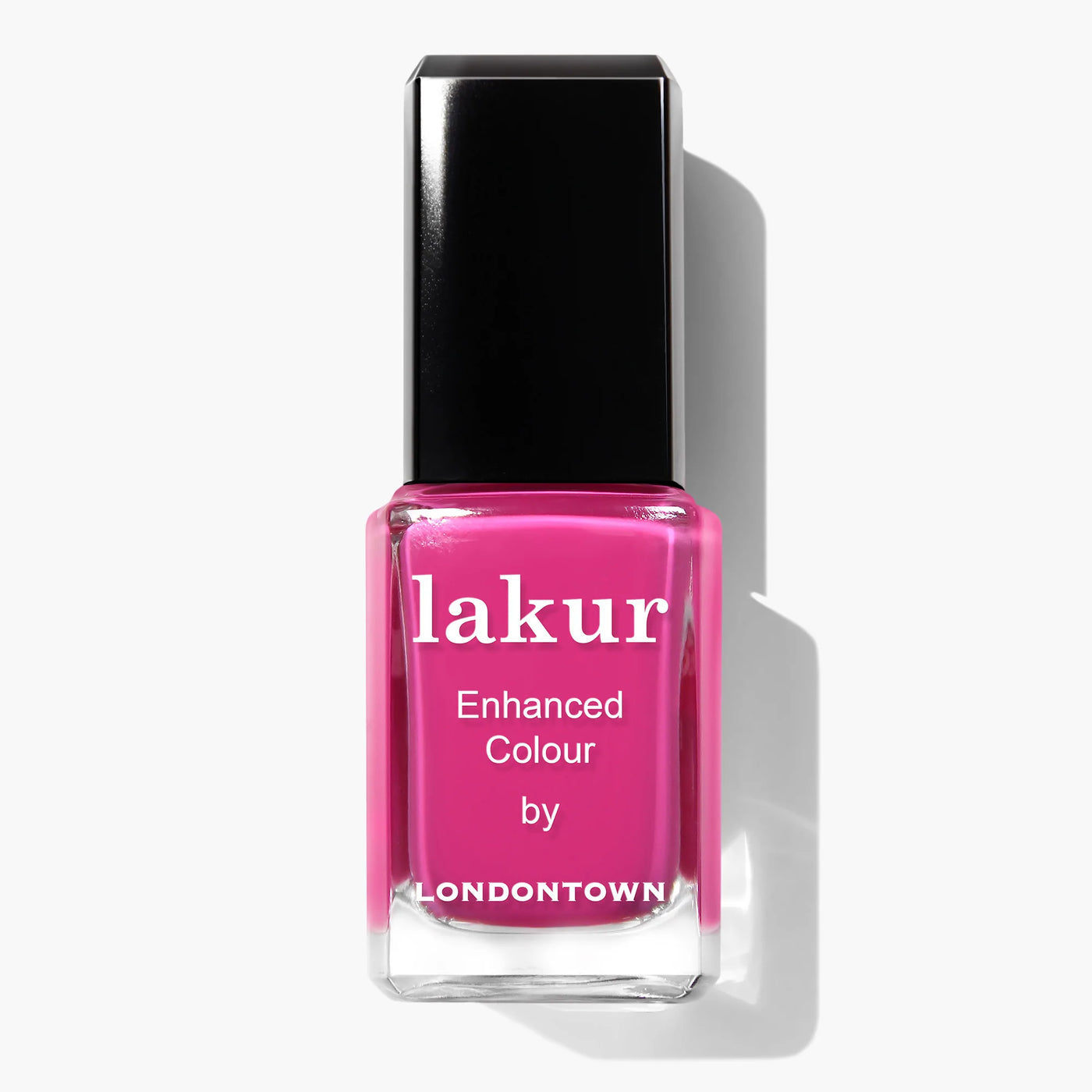 A bottle of shocking pink nail polish labeled "Summer Fling (Professional) by LONDONTOWN," featuring a black cap. Londontown polishes are well-known for being vegan and cruelty-free.