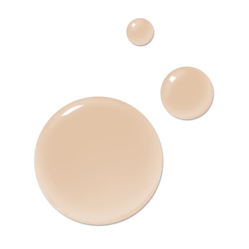Three beige drops of LONDONTOWN's Teatime liquid foundation of varying sizes on a white background, offering a sheer barely-there nude finish.