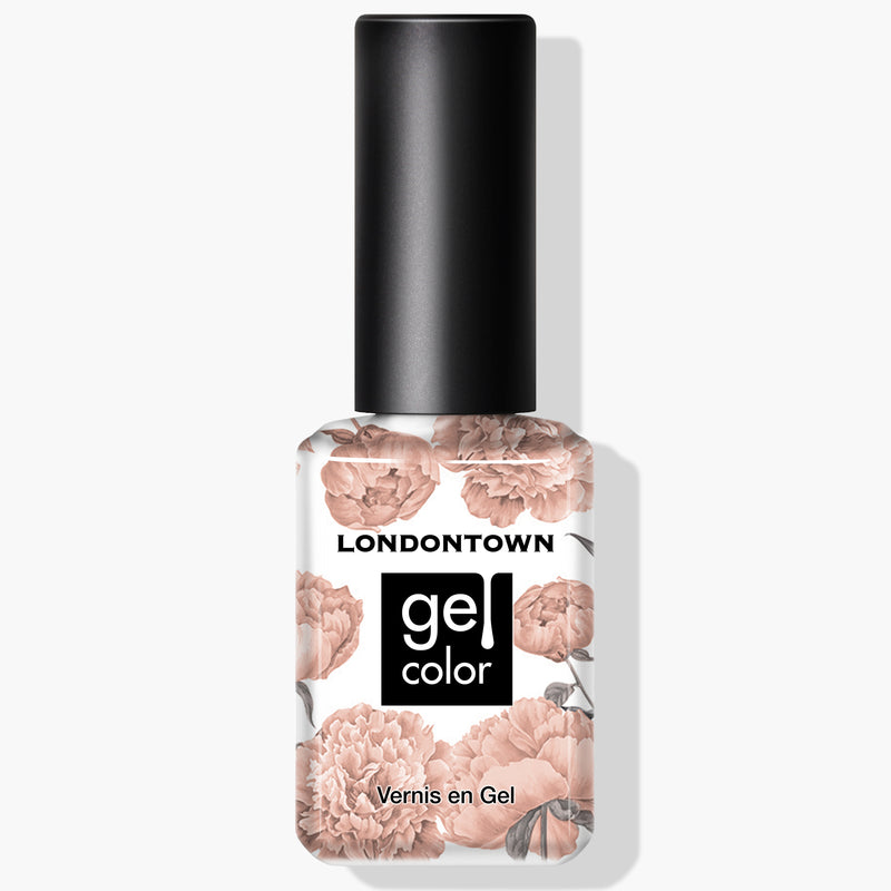 A bottle of LONDONTOWN "The Full Monty" UV/LED Gel Color nail polish with a black cap and floral pattern on the label. Text reads: "LONDONTOWN gel color Vernis en Gel".
