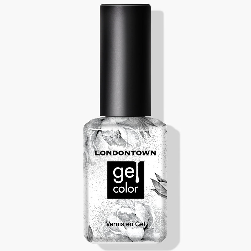 A bottle of Tiara nail polish from LONDONTOWN featuring a floral design on the bottle and text saying "LONDONTOWN Gel Color Vernis en Gel," offering flawless wear with its UV/LED Gel Color self-leveling formula.