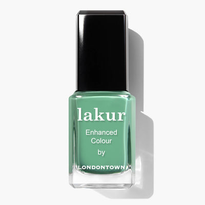A bottle of Tipps Time (Professional) nail polish with a black cap labeled "lakur Enhanced Colour by LONDONTOWN." This vegan, cruelty-free product offers a vibrant tropical green hue that's both stylish and ethical.