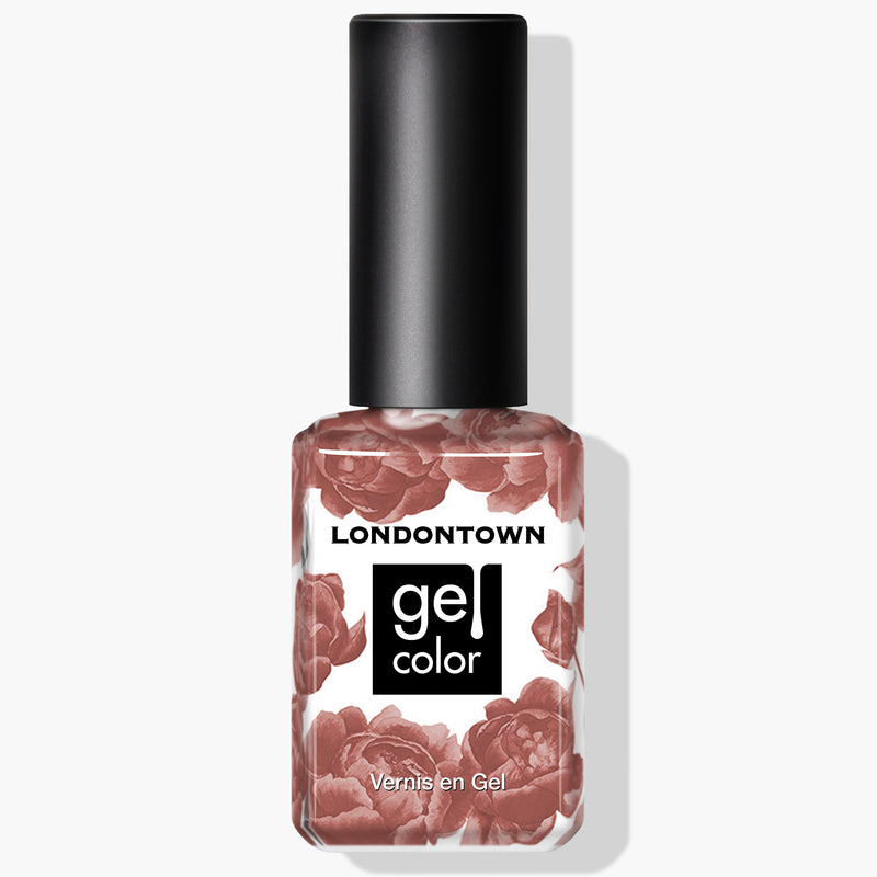 Introducing LONDONTOWN's Toffee Tart gel nail polish, beautifully packaged in a bottle adorned with a floral design and labeled with "gel color" and "Vernis en Gel". This delightful crème caramel shade is perfectly formulated for UV/LED light curing.