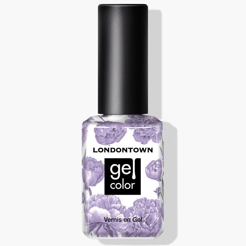 A bottle of LONDONTOWN Trolley Away Gel Color nail polish in a delicate lilac crème shade, featuring a floral design on the label.