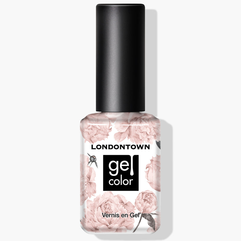 A bottle of LONDONTOWN's Uncovered Gel Color nail polish with a floral design on the label promises flawless wear. The cap is sleek black, complementing the elegance of this UV/LED gel color.