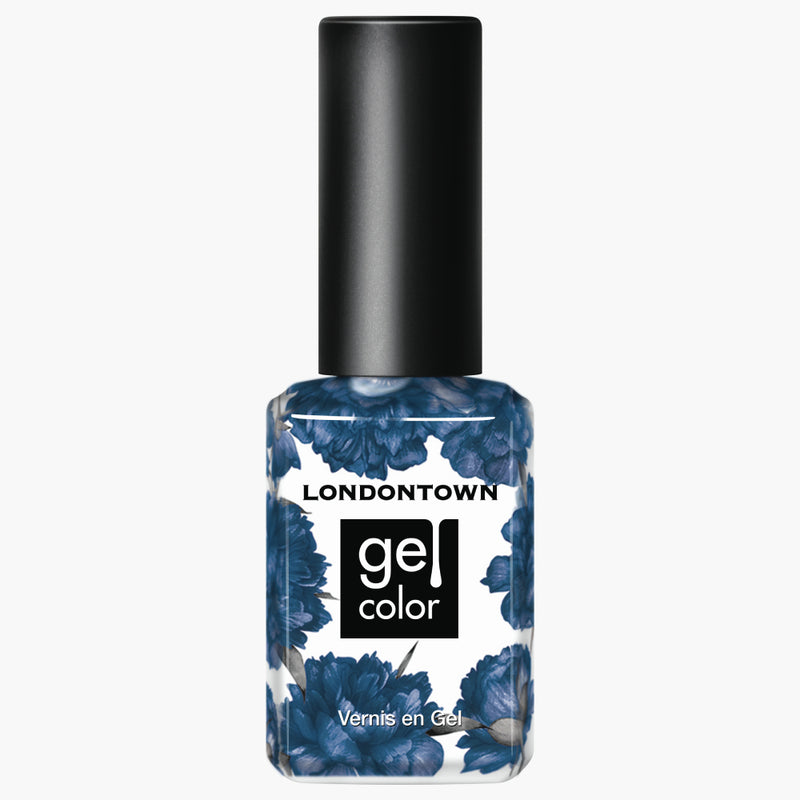 A bottle of LONDONTOWN Under The Stars gel color nail polish, featuring a base with a blue floral design reminiscent of vintage denim, and topped with a sleek black cap.