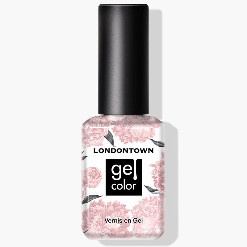 A bottle of LONDONTOWN UV/LED Gel Color nail polish in the shade "Waterloo Sunset," featuring a floral design and a black cap. The text on the bottle reads "Londontown gel color Vernis en Gel." This vegan, high-shine formula ensures your nails look stunning.