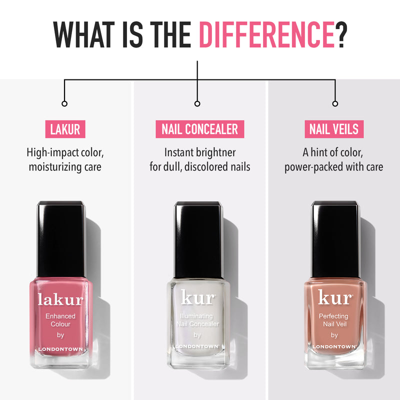 Image showcasing three power-packed nail polish bottles labeled Lakur, Nail Concealer, and Perfecting Nail Veil #5 from LONDONTOWN. Lakur offers high-impact color, Nail Concealer brightens dull nails, and Perfecting Nail Veil #5 provides a hint of color with the care your nails deserve.