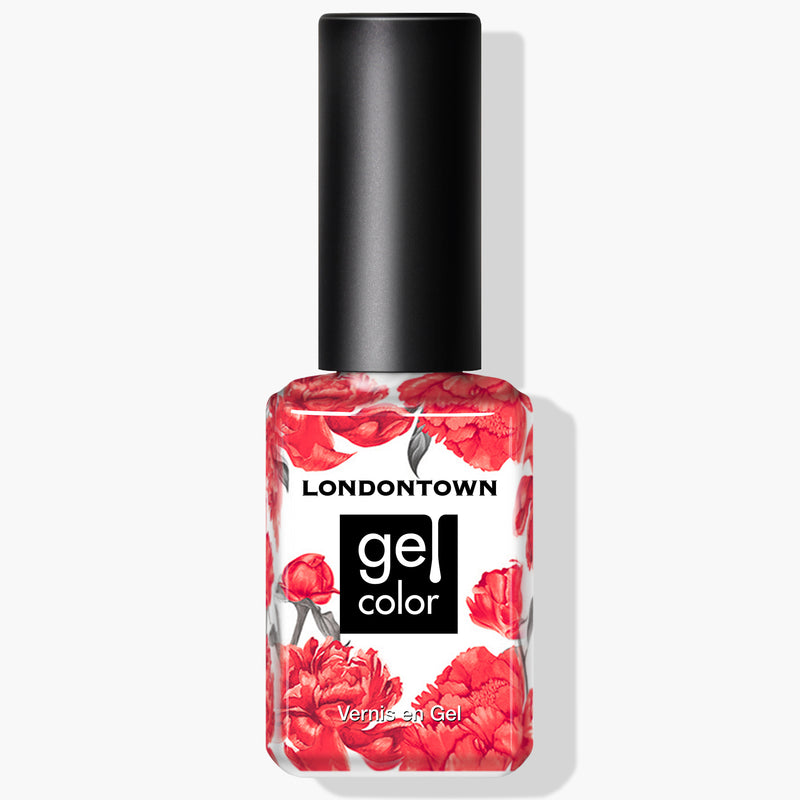 A bottle of LONDONTOWN's Weekend Cheers Gel Color nail polish features a captivating red floral design on the exterior with a sleek black cap, offering a coral pink crème shade that cures beautifully under UV/LED light.