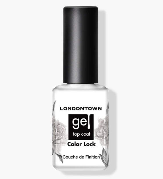 A bottle of LONDONTOWN Color Lock Top Coat nail polish, featuring a black cap and a floral design on the label, offering extended wear for a lasting, flawless look.