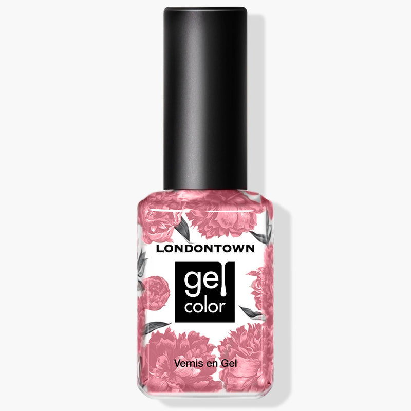 A bottle of LONDONTOWN Mojave Mauve nail polish with a black cap and a sophisticated floral design on the label, in an elegant clay rose shade.